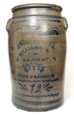 Twelve-Gallon WILLIAMS & REPPERT / GREENSBORO, PA Cobalt-Decorated Stoneware Jar