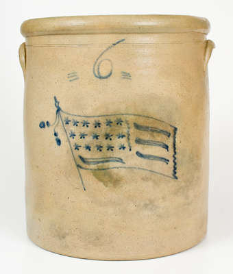Rare Six-Gallon Ohio Stoneware Crock w/ Cobalt American Flag Decoration
