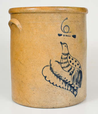 Six-Gallon Ohio Stoneware Crock w/ Cobalt Bird-on-Leaf Decoration