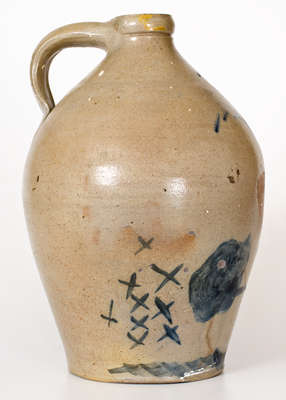 Extremely Rare JORDAN, New York Stoneware Jug w/ Cobalt Hunter Decoration