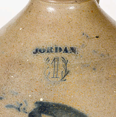 Extremely Rare JORDAN, New York Stoneware Jug w/ Cobalt Hunter Decoration