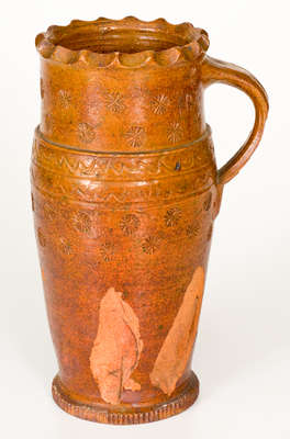 Rare Glazed Redware Mug, Stamped HF (Henry Fare, Berks County, PA, c1861-88)