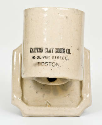 Rare Miniature Stoneware Chicken Waterer w/ Boston Advertising, MADE BY W.R. & CO. / AKRON, O.