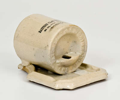 Rare Miniature Stoneware Chicken Waterer w/ Boston Advertising, MADE BY W.R. & CO. / AKRON, O.