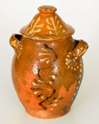 Rare Alamance County, NC Slip-Decorated Redware Sugar Jar with Lid, possibly Solomon Loy