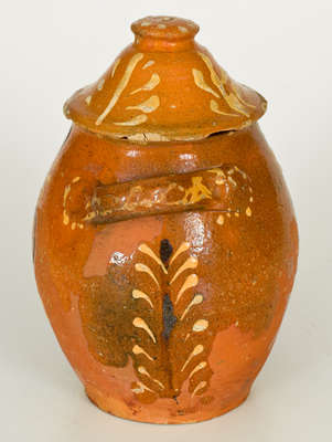 Rare Alamance County, NC Slip-Decorated Redware Sugar Jar with Lid, possibly Solomon Loy