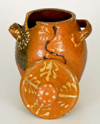 Rare Alamance County, NC Slip-Decorated Redware Sugar Jar with Lid, possibly Solomon Loy