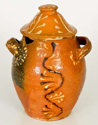Rare Alamance County, NC Slip-Decorated Redware Sugar Jar with Lid, possibly Solomon Loy