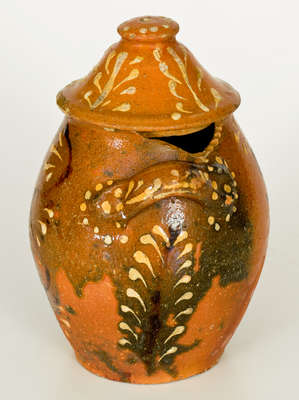 Rare Alamance County, NC Slip-Decorated Redware Sugar Jar with Lid, possibly Solomon Loy