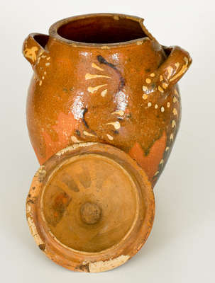 Rare Alamance County, NC Slip-Decorated Redware Sugar Jar with Lid, possibly Solomon Loy