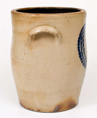 2 Gal. JOHN BURGER / ROCHESTER Stoneware Jar w/ Bold Cobalt Wreath Decoration