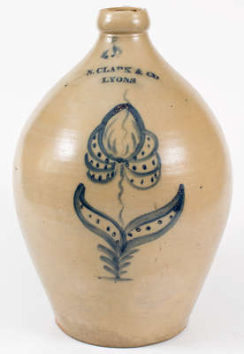 3 Gal. N. CLARK & CO. / LYONS Stoneware Jug w/ Large Floral Decoration