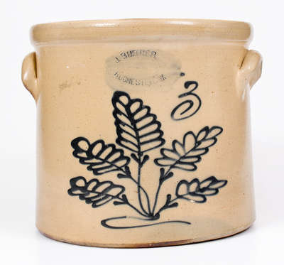 3 Gal. J. BURGER / ROCHESTER, NY Stoneware Crock w/ Slip-Trailed Foliate Decoration