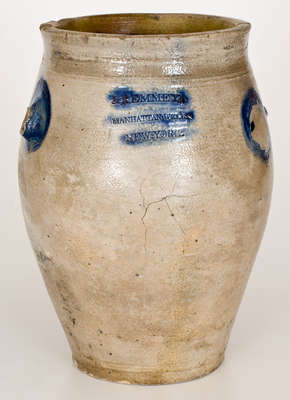 Rare J. REMMEY / MANHATTAN WELLS, NY Stoneware Crock w/ Elaborate Incised Floral Decoration