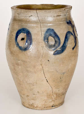 Rare J. REMMEY / MANHATTAN WELLS, NY Stoneware Crock w/ Elaborate Incised Floral Decoration