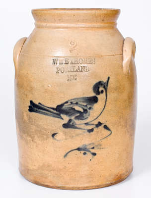 Unusual Stoneware Bird Jar w/ PORTLAND, ME Advertising, Ballardvale, MA origin