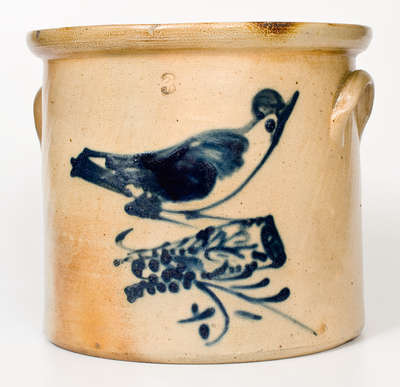 3 Gal. Ballardvale, MA Stoneware Crock w/ Elaborate Bird-on-Branch Decoration