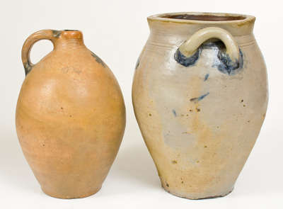 Lot of Two: Ovoid Stoneware Jug and Jar with Cobalt Decoration