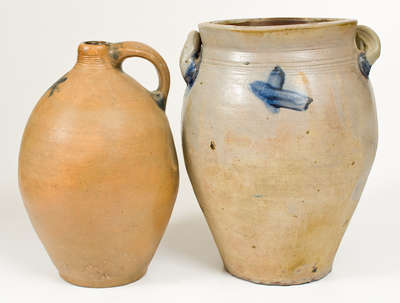 Lot of Two: Ovoid Stoneware Jug and Jar with Cobalt Decoration