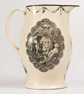 Rare Liverpool Creamware Pitcher w/ Patriotic Transfers (George Washington, Boston Frigate, Federal Eagle)