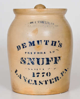 F. H. COWDEN Stoneware Jar w/ DEMUTH S SNUFF / LANCASTER, PA Advertising