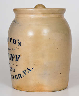 F. H. COWDEN Stoneware Jar w/ DEMUTH S SNUFF / LANCASTER, PA Advertising