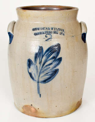 COWDEN & WILCOX / HARRISBURG, PA Stoneware Jar w/ Cobalt Leaf Decoration