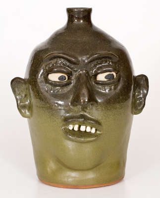 Alkaline-Glazed Stoneware Face Jug, Signed 