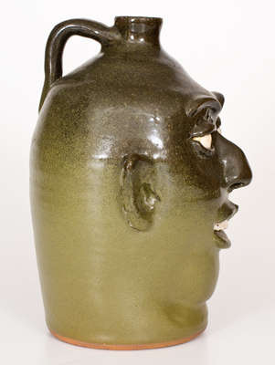 Alkaline-Glazed Stoneware Face Jug, Signed 