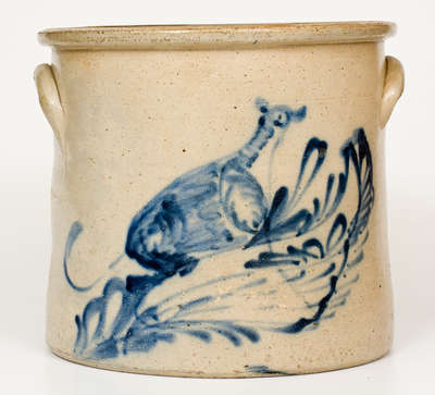 Rare Three-Gallon NY State Stoneware Crock w/ Dog Decoration