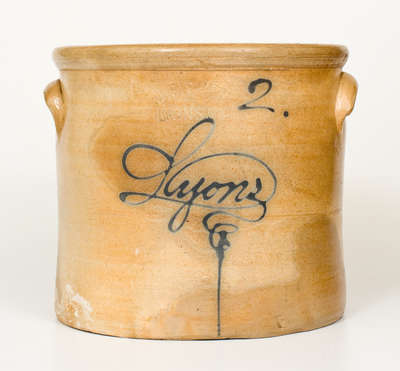 2 Gal. J. FISHER / LYONS, NY Stoneware Crock w/ Slip-Trailed