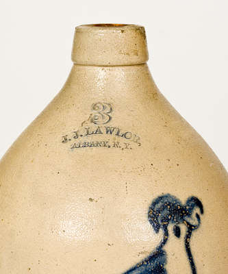 3 Gal. J. J. LAWLOR / ALBANY, NY Stoneware Jug w/ Large Bird Decoration