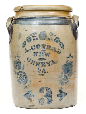 3 Gal. A. CONRAD / NEW GENEVA, PA Stoneware Jar w/ Stenciled Floral Decoration