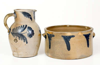 Lot of Two: Baltimore, MD Stoneware Pitcher and Cake Crock w/ Cobalt Decoration