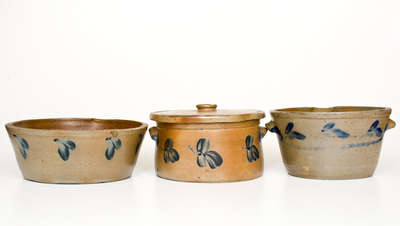 Lot of Three: Baltimore Stoneware Lidded Cake Crock w/ Two Milkpans