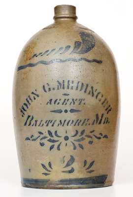 Western PA Stoneware Jug with JOHN G. MEDINGER / BALTIMORE, MD Stenciled Advertising