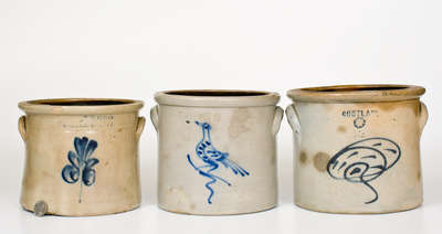 Lot of Three: Small-Sized Stoneware Crocks incl. Bird-Decorated Example