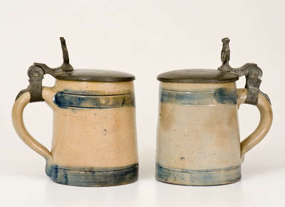 Lot of Two: Stoneware Mugs with Pewter Lids, New York City Pewterer Frederick Heyde