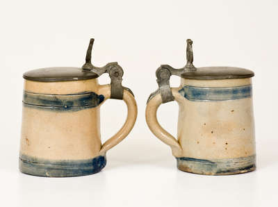 Lot of Two: Stoneware Mugs with Pewter Lids, New York City Pewterer Frederick Heyde
