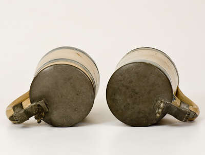 Lot of Two: Stoneware Mugs with Pewter Lids, New York City Pewterer Frederick Heyde