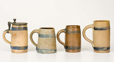 Lot of Four: Stoneware Mugs with Cobalt Bands
