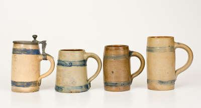 Lot of Four: Stoneware Mugs with Cobalt Bands