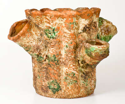 Unusual Rustic Multi-Glazed Redware Flowerpot, probably Strasburg, VA, circa 1890