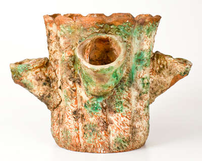 Unusual Rustic Multi-Glazed Redware Flowerpot, probably Strasburg, VA, circa 1890