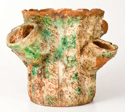 Unusual Rustic Multi-Glazed Redware Flowerpot, probably Strasburg, VA, circa 1890