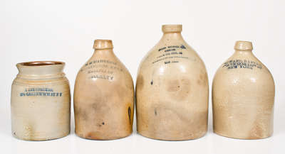 Lot of Four: Small-Sized Stoneware Jugs and Jar w/ Impressed NEW YORK CITY Advertising