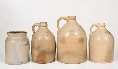 Lot of Four: Small-Sized Stoneware Jugs and Jar w/ Impressed NEW YORK CITY Advertising