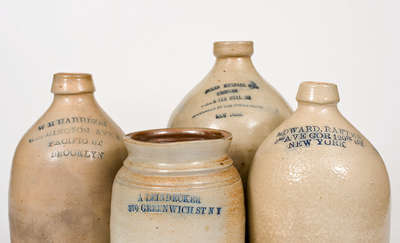 Lot of Four: Small-Sized Stoneware Jugs and Jar w/ Impressed NEW YORK CITY Advertising