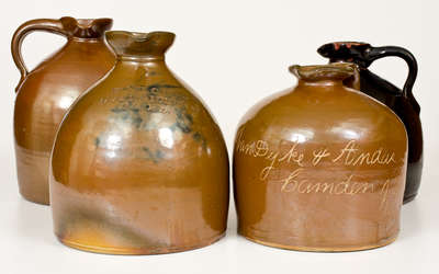 Lot of Four: Stoneware Syrup Jugs incl. BROOKLYN and CAMDEN, NY Advertising Examples
