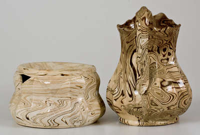 Lot of Two: Bennington, VT Agateware Spittoon and Pitcher